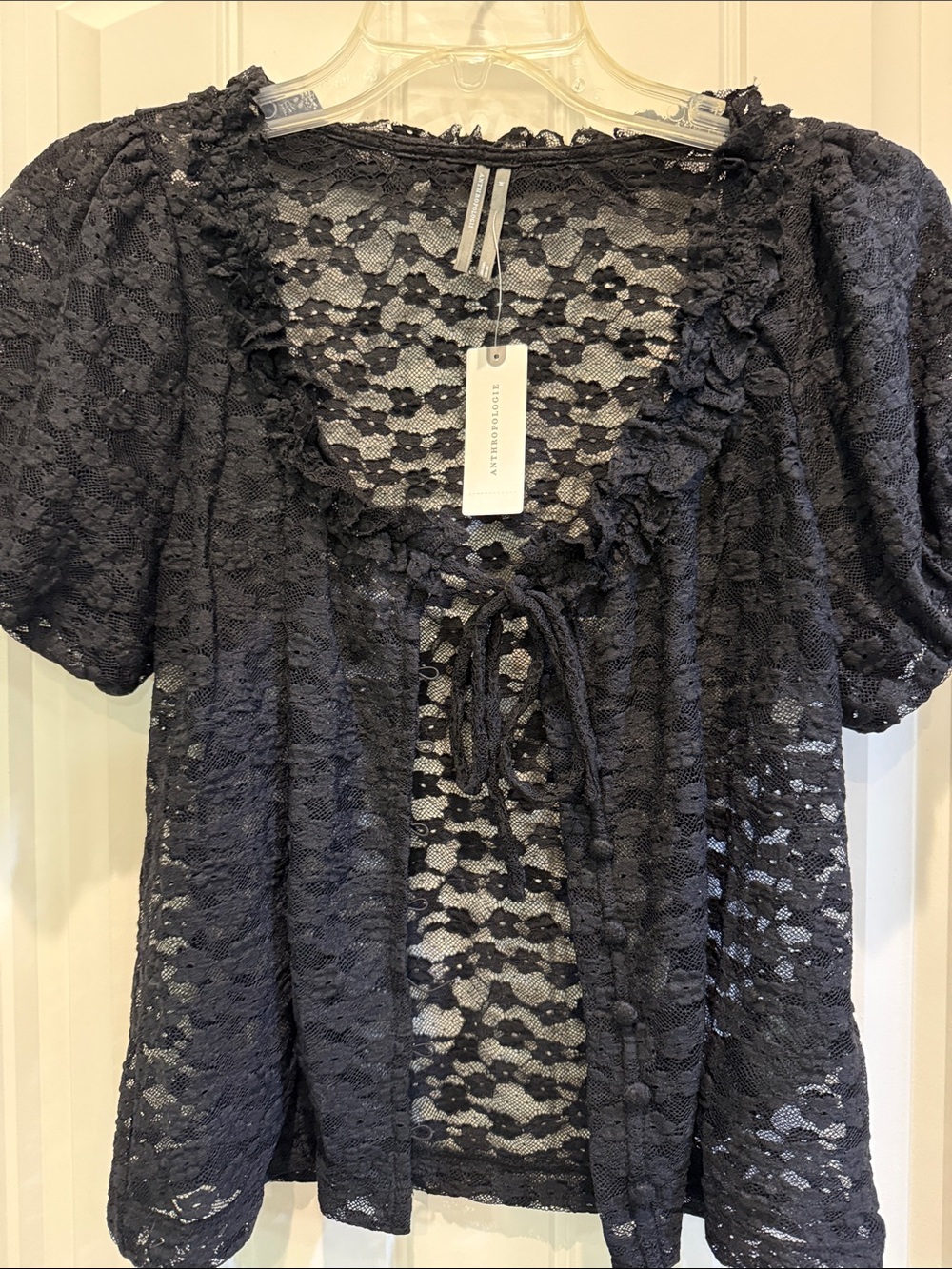 Anthropologie Black Lace Tie-Front Short Sleeve Top